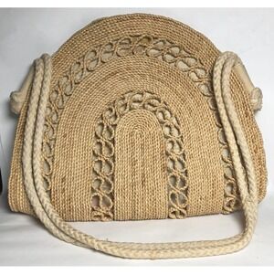 Vtg 70s Boho Purse Woven Straw Shoulder Bag  Cottagecore DAMAGED/STAINED